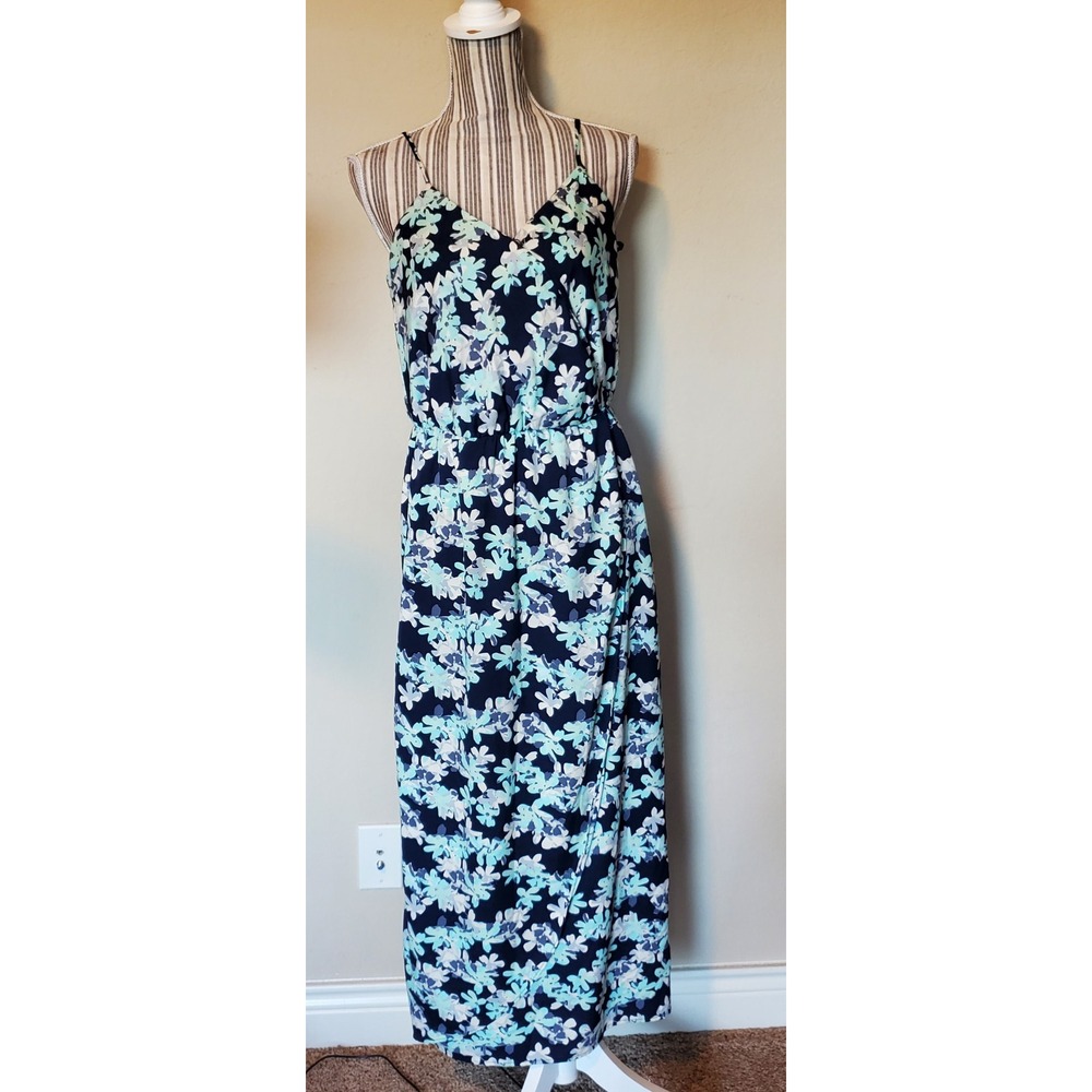 Banana Republic Floral Maxi Dress Navy Blue Mint Green Faux Wrap Womens 6 Petite